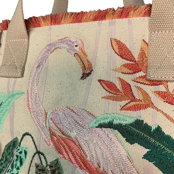 NWT Spartina 449 Beach Tote Tropic Flamingo Canvas Bag Embroidered Fringe 676410 - Picture 4 of 6